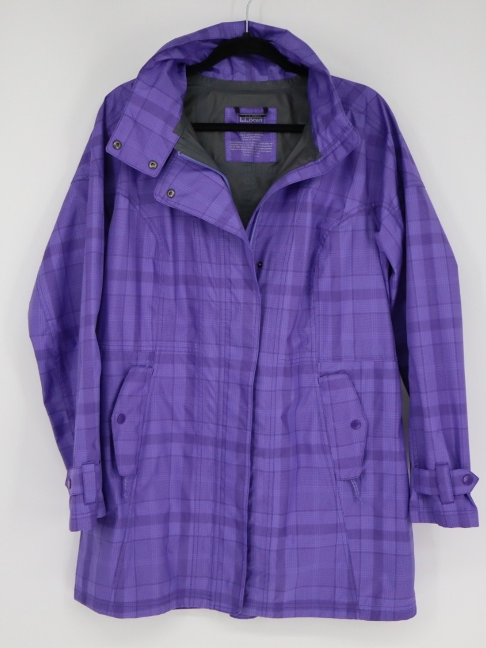 L.L.Bean H2OFF Rain Jacket Women’s Large Regular Purple Plaid Hooded Waterproof